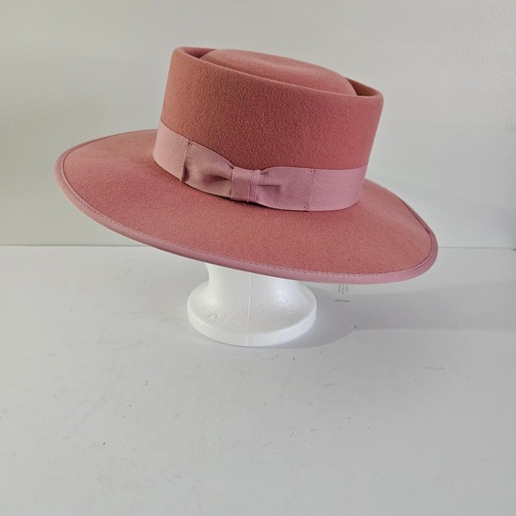 Pink Wool Wide Brim Fedora Hat Adjustable Bow Detail - Picture 4 of 11
